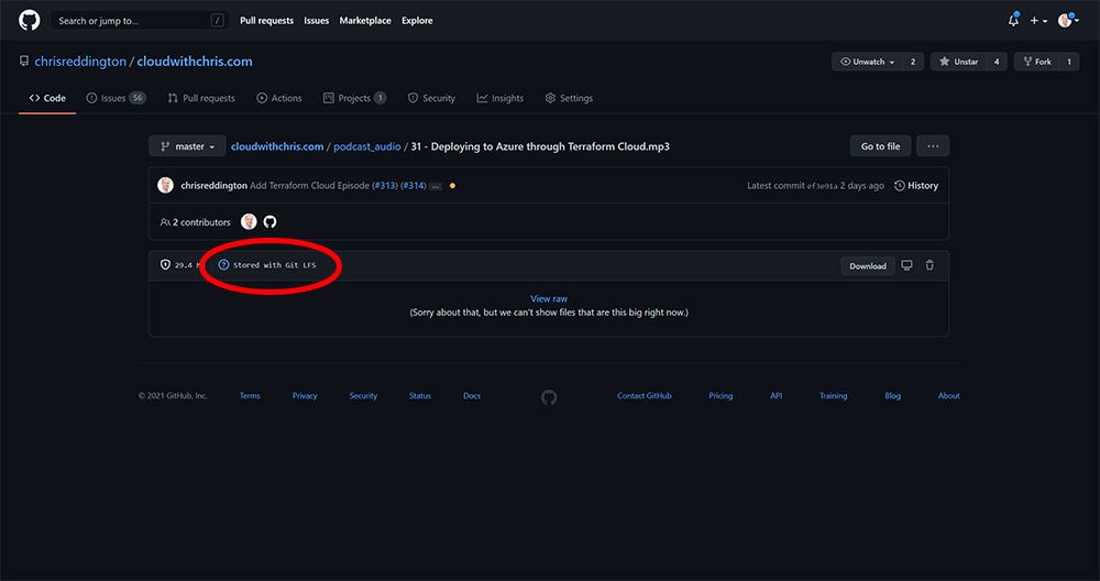 GitHub Page showing that the file is Stored with Git LFS